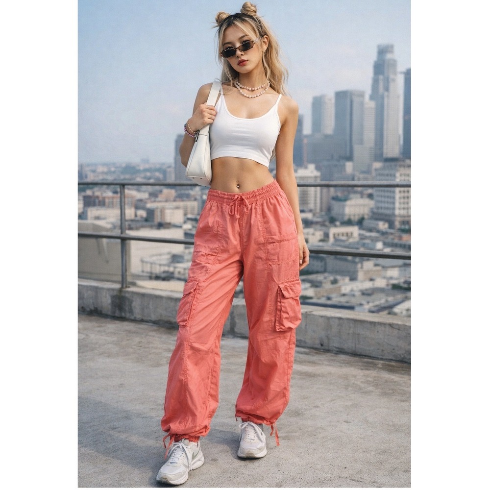 Aerie Y2K Baggy Cargo Pants Women Sz S Coral Pink Parachute Streetwear Utility